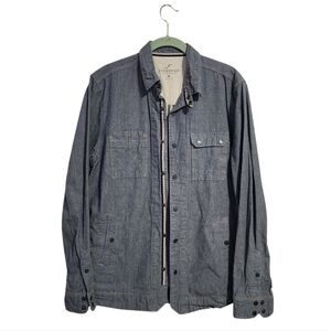 JEREMIAH button front linen cotton blend shirt jacket in light wash denim blue M
